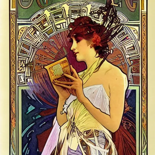 Prompt: The goddess of Fake News holding newspapers with fake headlines, poster by Alphonse Mucha