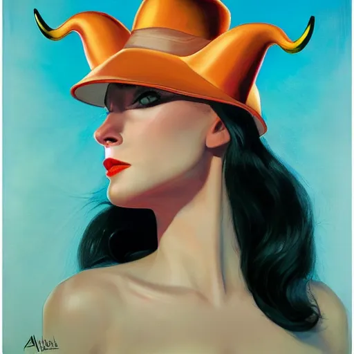 Image similar to portrait of a woman with ( horns ) that peek out of her hat, by alex ross.