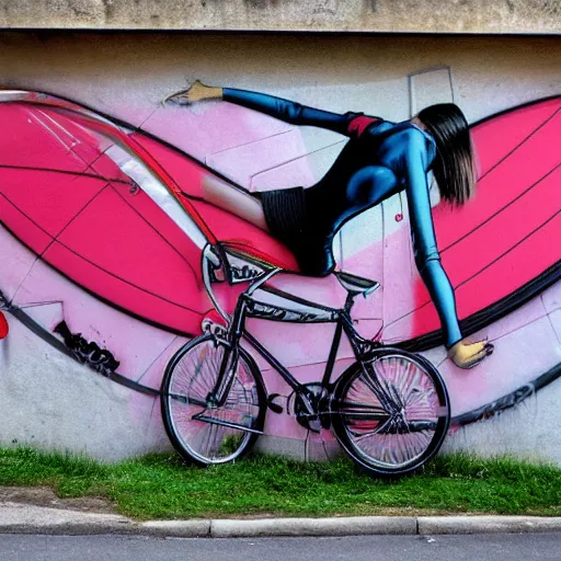 Prompt: a bicycle and a surfboard, pink and red, grafitti, street art by Etam cru