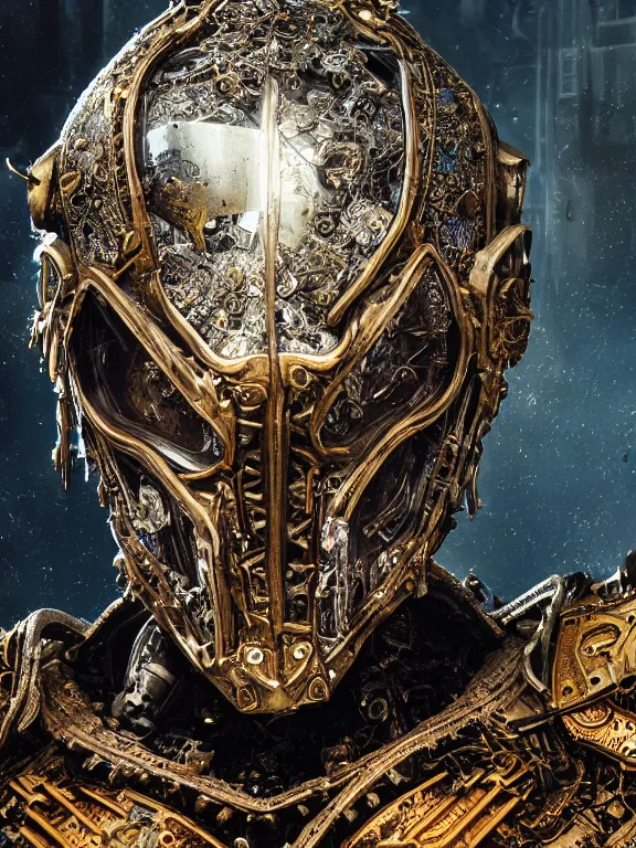 Prompt: portrait art of 8k ultra realistic undead corrupted artificial intelligence, ornate intricate, smashed glass helmet , detailed intricate ornate armour,decaying, cybernetic, full of colour, cinematic lighting, battered, trending on artstation, 4k, hyperrealistic, focused, extreme details,unreal engine 5, cinematic, masterpiece, art by ayami kojima, giger