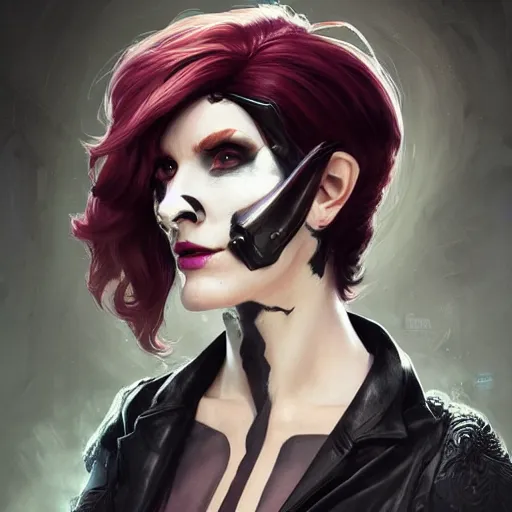 Image similar to dark fantasy character portrait of Moira from Overwatch, wearing skull mask, dystopian mood, intricate, wild, highly detailed, digital painting, artstation, upper body, concept art, smooth, sharp focus, illustration, art by artgerm and greg rutkowski and alphonse mucha