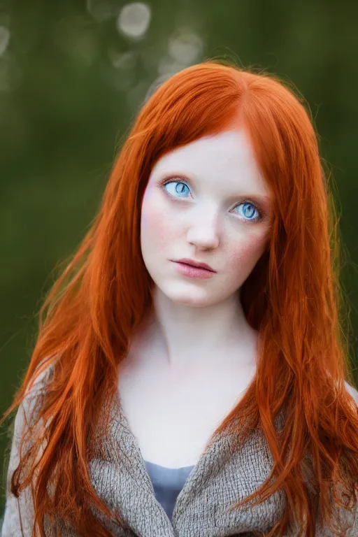 Prompt: a portrait of a redhead beautiful girl, green eyes, highly detailed, 3 5 mm f 1. 4 background silver fir