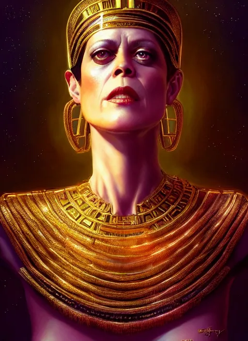 Prompt: sigourney weaver as cleopatra, intricate, elegant, glowing lights, highly detailed, digital painting, artstation, glamor pose, concept art, smooth, sharp focus, illustration, art by artgerm and greg rutkowski, artey freytag