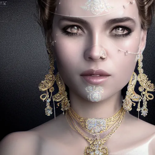 Image similar to portrait of wonderful princess of diamond with fair skin, ornate with diamonds, 8 k, gorgeous, intricate, detailed, glowing white accent lighting, dramatic lighting, octane render