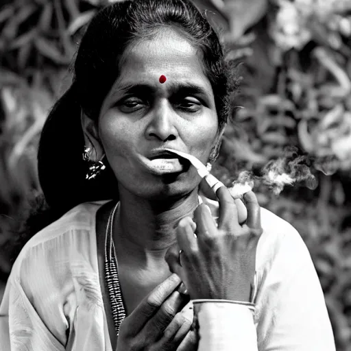 Prompt: portrait of a sri lankan woman smoking cigarette, 8 0's style