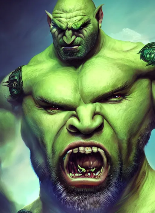 Image similar to A fantasy comic book style portrait painting of Dave Bautista as a crazed green orc, unreal 5, DAZ, hyperrealistic, octane render, RPG portrait, dynamic lighting