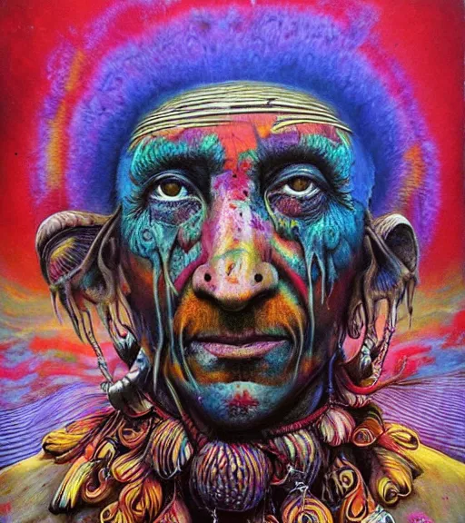 Image similar to Portrait painting in a style of Beksinski mixed with Alex Grey of an old shaman dressed in a colorful traditional clothes. Very psychodelic