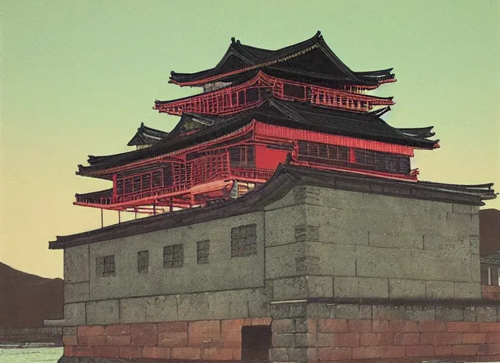 Image similar to vincent di fate's 1 9 8 0 cozy, simple painting of hiroshima castle in hiroshima. cyberpunk style.