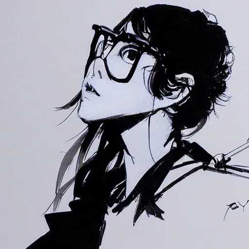 Prompt: a girl using glasses looking to the sky, artwork by yoji shinkawa n - 6
