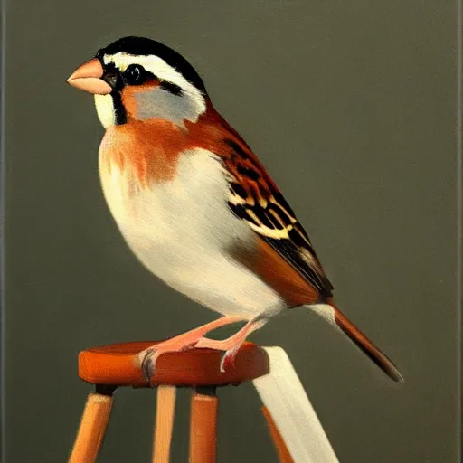 Image similar to an oil paiting of a sparrow perched on a chair, highly detailed, oleo, artstation, sharp focus, by diego velazquez