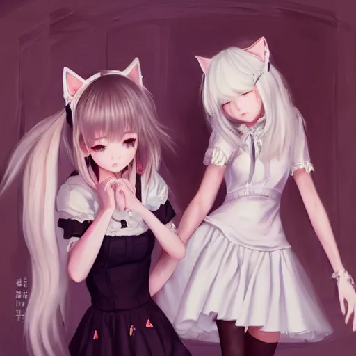 Image similar to realistic beautiful gorgeous natural cute Blackpink Lalisa Manoban white hair cute white cat ears in maid dress outfit golden eyes artwork drawn full HD 4K highest quality in artstyle by professional artists WLOP, Taejune Kim, Guweiz, ArtGerm on Artstation Pixiv