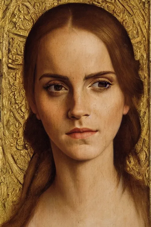 Image similar to portrait of emma watson, oil painting by jan van eyck, by hans holbein, northern renaissance art, old masters, alla prima, realistic, expressive emotions, intricate textures, illusionistic detail