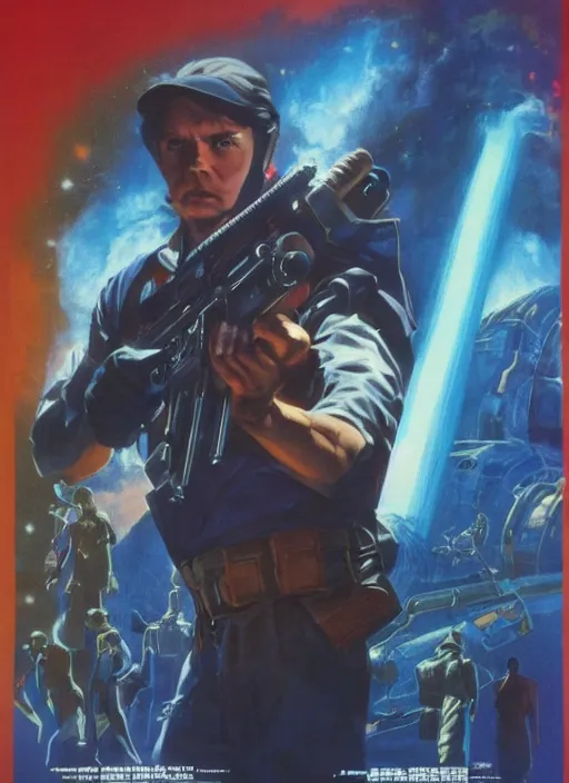 Image similar to a movie poster with a man holding a sci - fi gun, poster art by drew struzan, cgsociety, retrofuturism, reimagined by industrial light and magic, poster art, movie poster