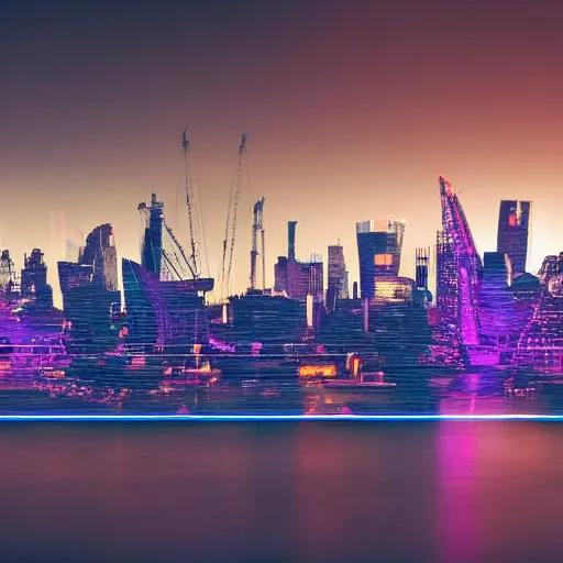 Prompt: a picture of the london skyline at night in cyberpunk colors