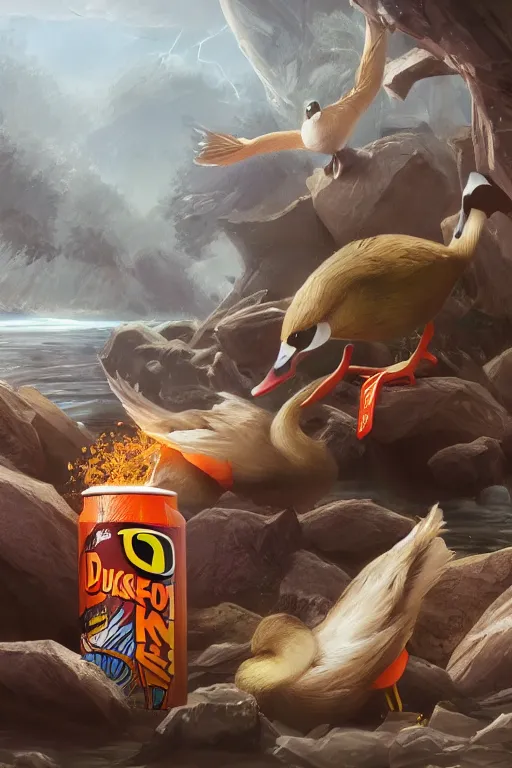 Image similar to duck drinks energy napiokmonstr energy, concept art, wlop, digital painting, trending on artstation, highly detailed, epic composition, official media, 8 k uhd