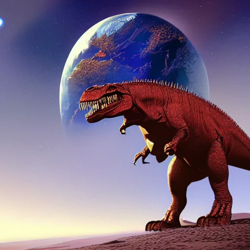 Image similar to A T-Rex watching the asteroid hitting Earth, digital art, realistic, artstation, detailed