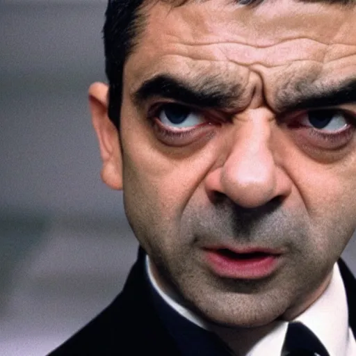 Prompt: film still of Rowan Atkinson in the Matrix