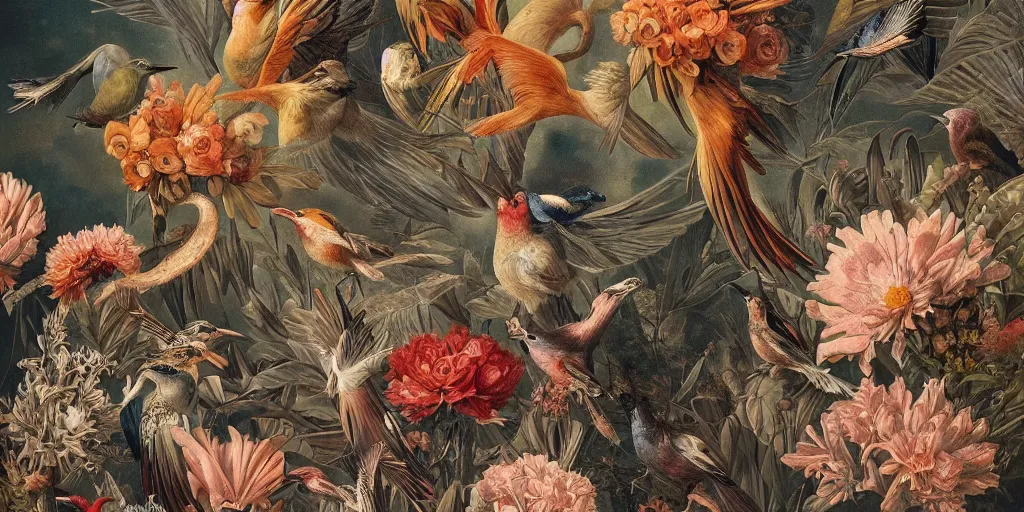 Image similar to breathtaking detailed concept art painting art deco pattern of birds amalmation blend of flowers and birds, by john james audubon, bizarre compositions, exquisite detail, extremely moody lighting, 8 k