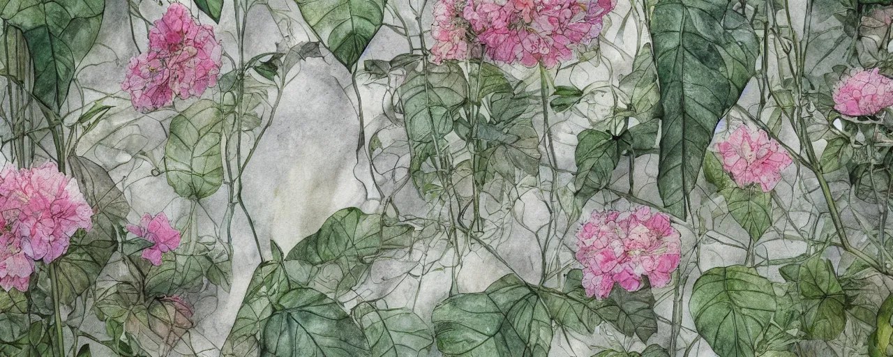 Prompt: delicate marble in a botanic garden, stony, puffy, botanical herbarium paper, watercolor colored painting and pencil, iridescent colors, 8 k, realistic shaded, fine details, artstation, italian, colonnade, vines, flowers, gardena architecture, pompeii