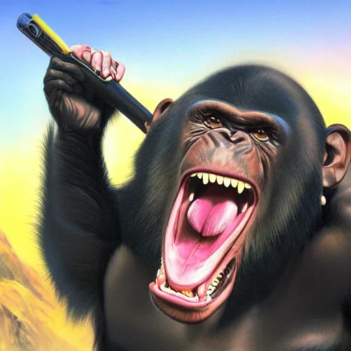 Image similar to Strong Angry Chimpanzee Screaming, Boris Vallejo, Epic, 8k resolution, ArtStation, Hyperrealistic