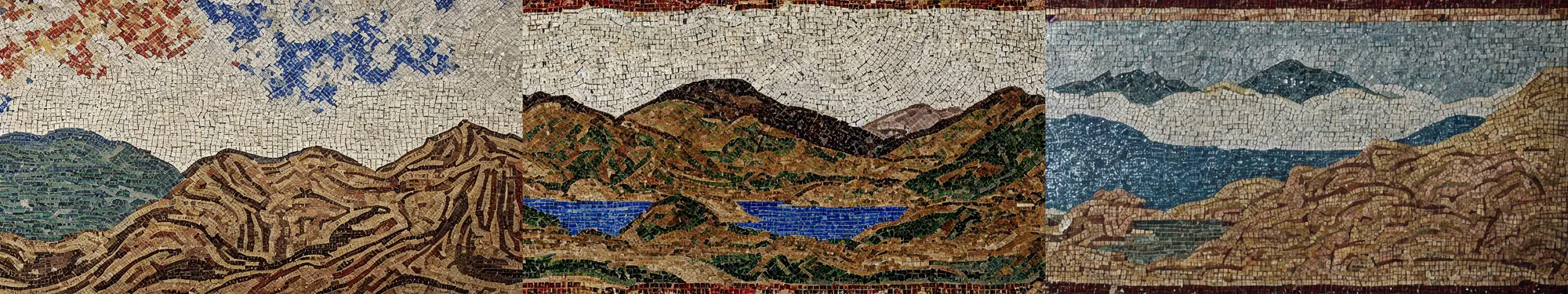 Prompt: lakeside mountains, ancient roman mosaic