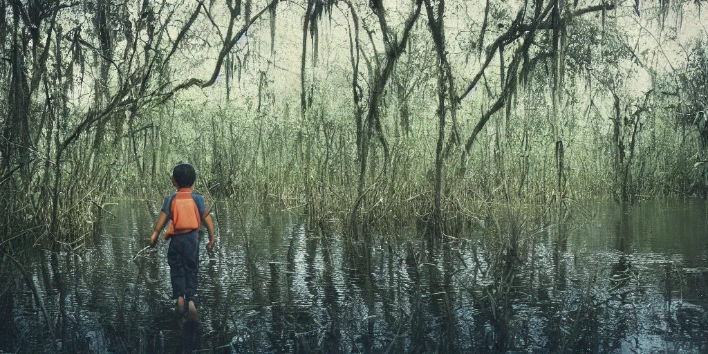Image similar to A young explorer walking alongside a channel of water in a dense swamp, Kodachrome color film, grainy, film grain