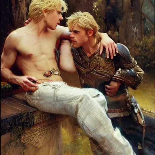 Image similar to attractive male, arthur pendragon who has blond hair confesses his love to attractive male, merlin who has dark hair. highly detailed painting by gaston bussiere, craig mullins, j. c. leyendecker 8 k