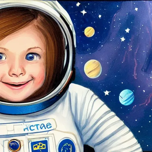 Prompt: a cute little girl with a round cherubic face, blue eyes, and short wavy light brown hair smiles as she floats in space with stars all around her. she is an astronaut, wearing a space suit. beautiful cartoon painting with highly detailed face by axel scheffler and greg rutkowski
