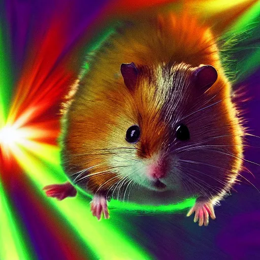 Image similar to hamster flying at the speed of light, colorful, realistic