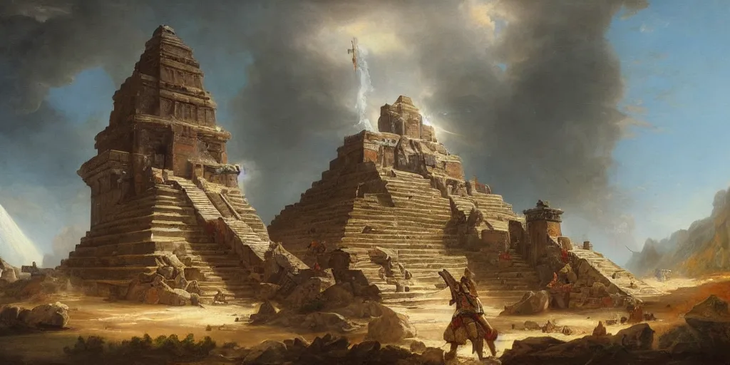 Prompt: hubert robert simonetti rutkowski epic painting aztec warrior watching spaceship starship in the sky, background is mesoamerican pyramid