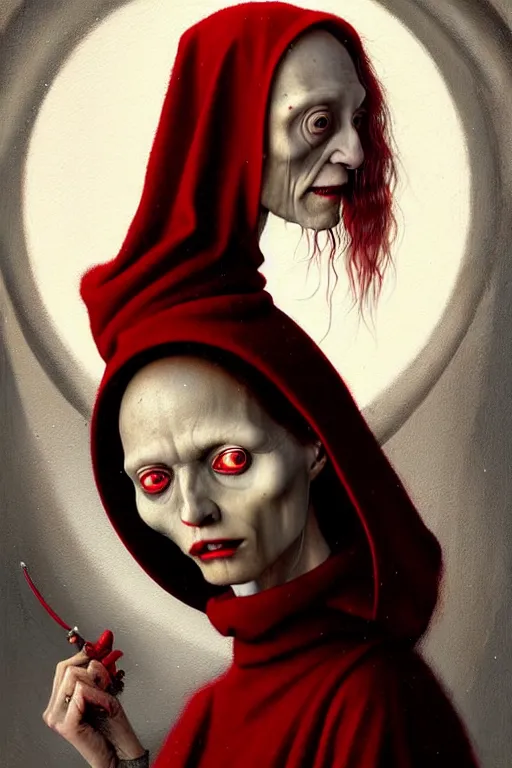 Image similar to hieronymus bosch, greg rutkowski, anna podedworna, painting of a beautiful vampire with red hair in a white woollen turtleneck dress