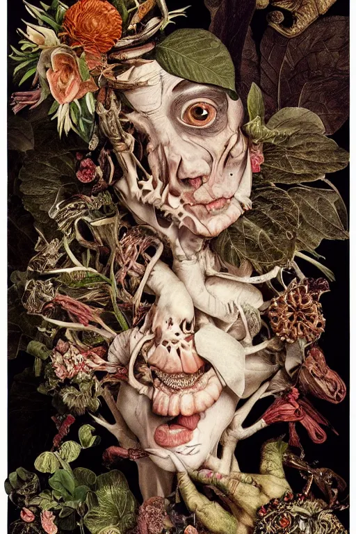 Prompt: Detailed maximalist portrait with large lips and with large eyes, sad exasperated expression, HD mixed media, 3D collage, highly detailed and intricate illustration, botany and bones, in the style of Caravaggio, dark art, baroque