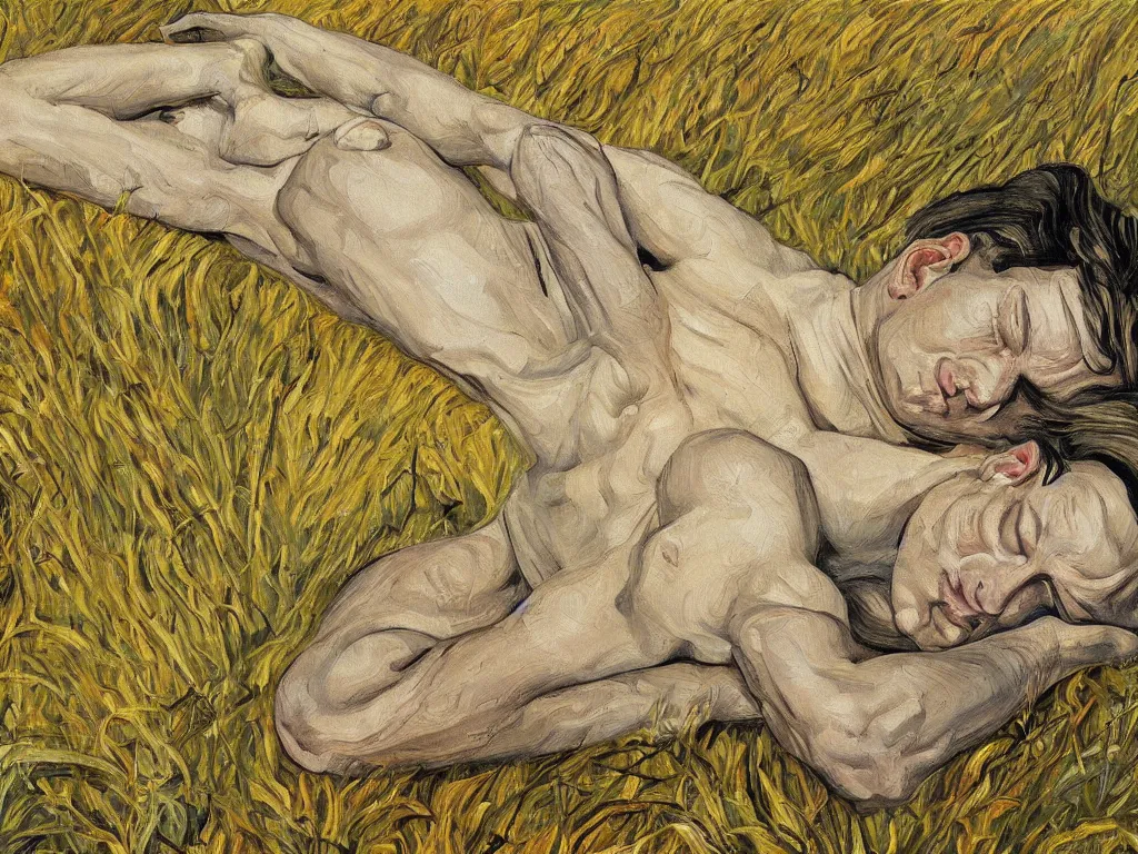 Prompt: Portrait of young man sleeping in the golden grass, in a hot summer day. Heatwave, locusts. Painting by Lucian Freud.