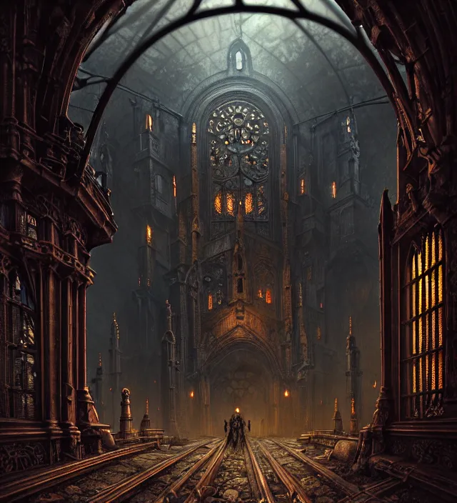 Image similar to steam necropolis, memento mori, gothic, neo - gothic, art nouveau, hyperdetailed copper patina medieval icon, stefan morrell, philippe druillet, ralph mcquarrie, concept art, steampunk, unreal engine, detailed intricate environment, octane render, moody atmospherics, volumetric lighting, ultrasharp, ominous, otherworldly