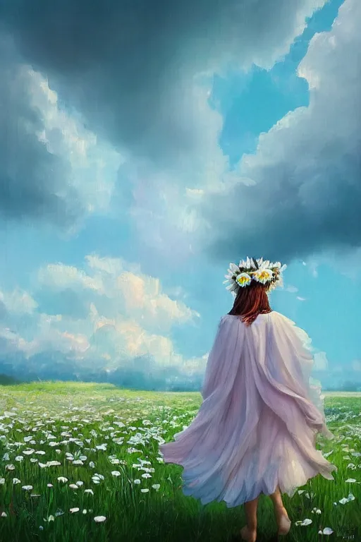 Prompt: giant white daisy flower crown as head, girl with veil walking in a flower field, surreal photography, sunrise, dramatic light, impressionist painting, colorful clouds, digital painting, artstation, simon stalenhag