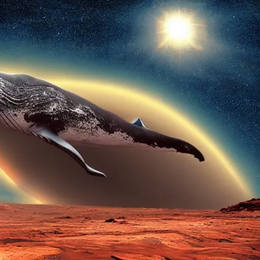 Prompt: whale on mars, photorealistic, very detailed, high definition mars landscape, gorgeous whale, stars in the sky, award winning photograph