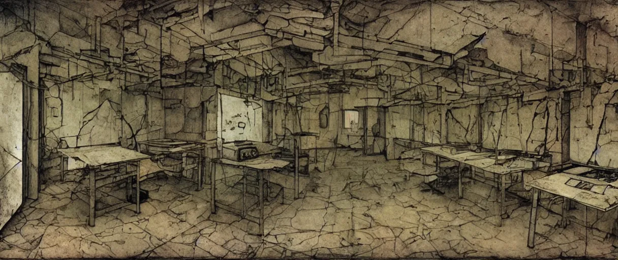 Image similar to abandoned laboroatory from cold war era, room full of cold war era computers, nuclear shelter, top secret industrial facillity, faded out colors, highly detailed muted colors, illustration by albrecht durer, fine art sketch