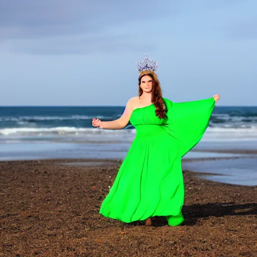 Prompt: A photo of a young woman standing on a beach wearing a green dress and a crown