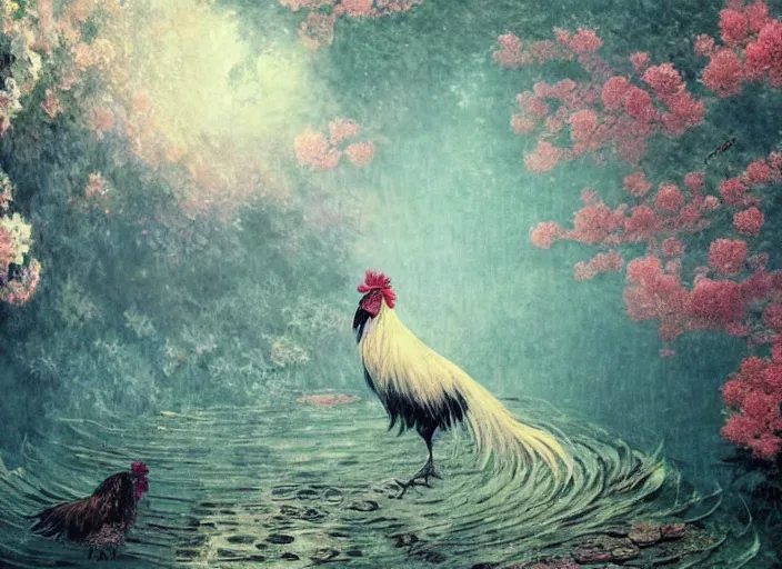 Image similar to a gorgeous paradise rooster japanese art is looking at a bird, ethereal, horror, fantasy art by greg rutkowski and magali villeneuve and claude monet