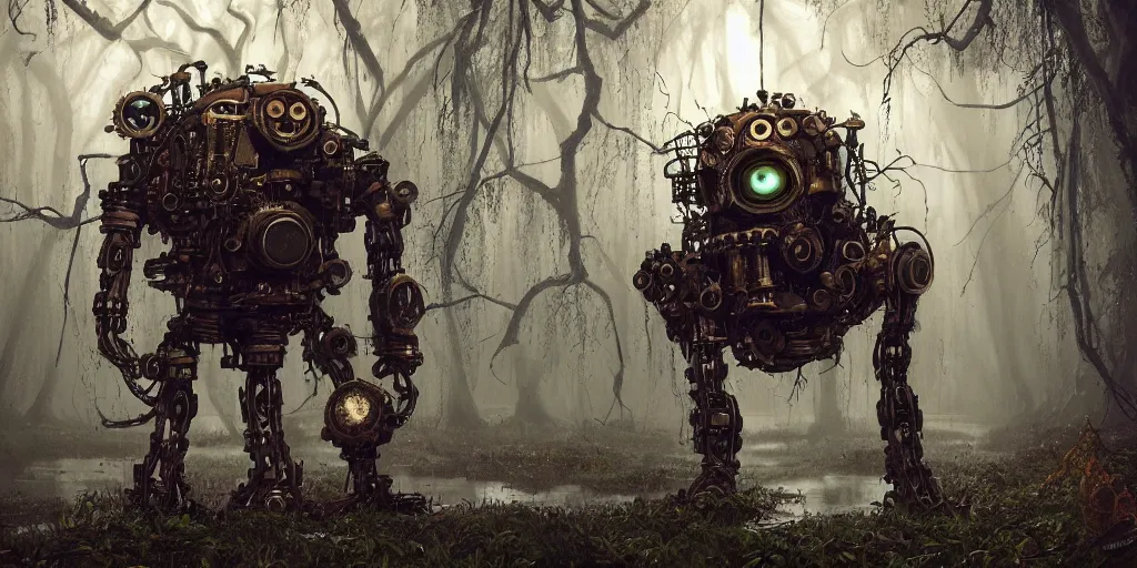 Image similar to mechanical steampunk robot with large head and ((glowing)) eyes in haunted swamp surrounded by dense forest with vines hanging from trees, creepy ambiance, fog, sharp focus, hughly detailed, eerily beautiful, cgsociety, artgerm