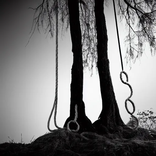 Prompt: a rope with a loop at the end hangs from a tree branch. dark, scary, gothic. black and white photograph. sinister