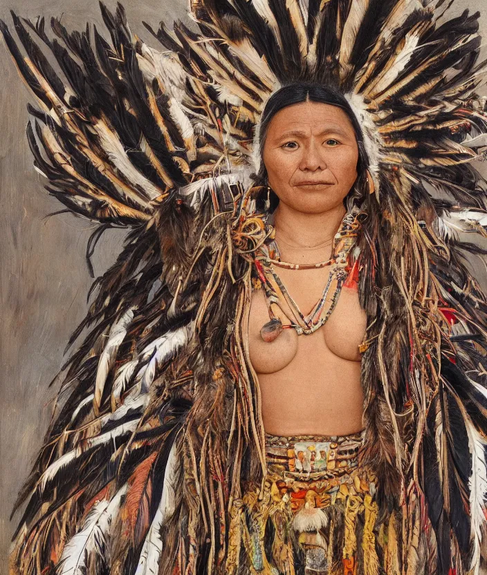 Image similar to full body shot picture of indigenous people young slim fit woman leader in canyon, painted by lucian freud, intricate costume design, beautiful feathers, hd, super detailed, realistic