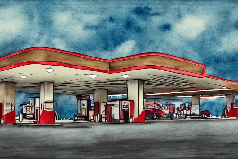 Prompt: a pencil and watercolor art of a beautiful luxurious gas station, retro and 1 9 8 0 s style, beautiful architecture, retro coloring, retro style, retro filter