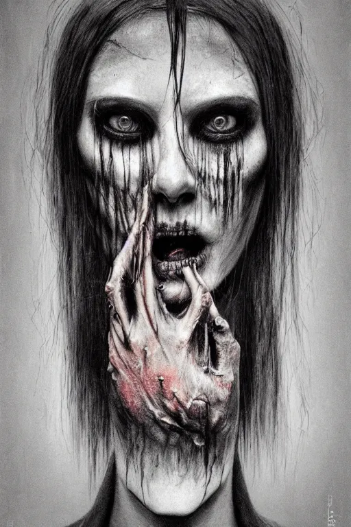 Image similar to charcoal cartoon grunge portrait of a creepy horror nurse girl . intricate abstract. intricate artwork. nightmare fuel. terrifying. by zdzisław Beksiński, wlop, dan mumford , trending on artstation, greg rutkowski very coherent symmetrical artwork. cinematic, hyper realism, high detail, octane render, 8k