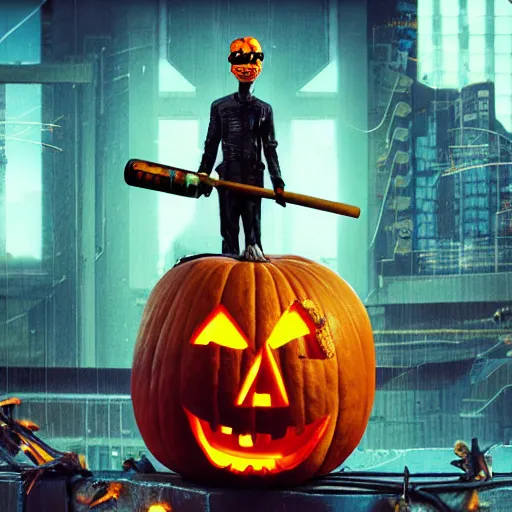 Image similar to a cyberpunk punk with a pumpkin head on a house roof with a baseball bat