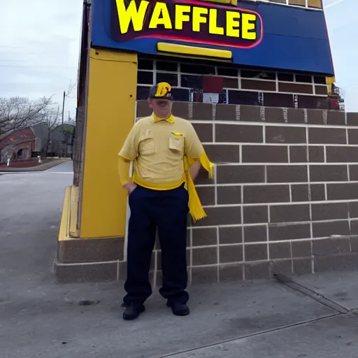 Image similar to wafflehouse employee's standing below wafflehouse sign, employees uniform is blue and black with yellow name tags