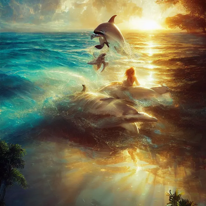 Image similar to dolphins swimming, golden hour, god rays, dreamscape by artgerm and ruan jia and ismail inceoglu and greg olsen, cosmos, milky way galaxy, masterpiece, beautiful, intricate, elegant, highly detailed, palm trees