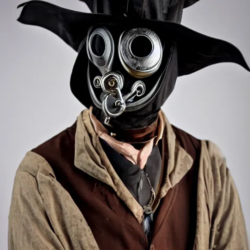 Image similar to The Plague doctor, steampunk style, studio portrait photo, 50mm lens