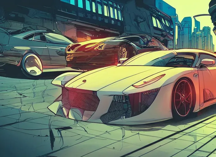 Image similar to a sport car in a city, sharp focus. cinematic pose, cinematic lighting, art by josan gonzales and moebius and deathburger.