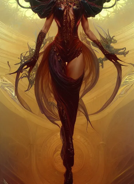 Image similar to demon dancer of the underworld, intricate, shiny, elegant, higly detailed, ultra definition, digital painting, artstation, unreal engine rendered, concept art, smooth, high speed, illustration, art by artgerm and greg rutkowski and alphonse mucha and james jean